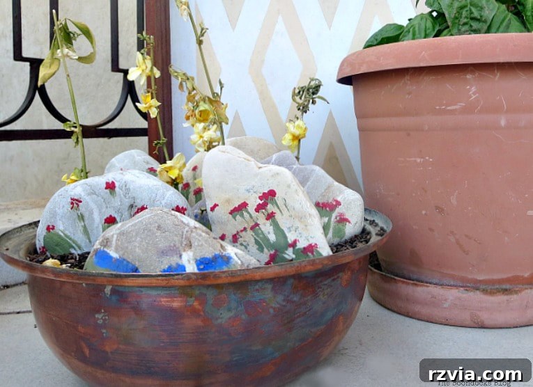 Copper Pot Upcycling Nightmares 20 Rock garden in a copper bowl placed on a balcony, alongside other repurposed items
