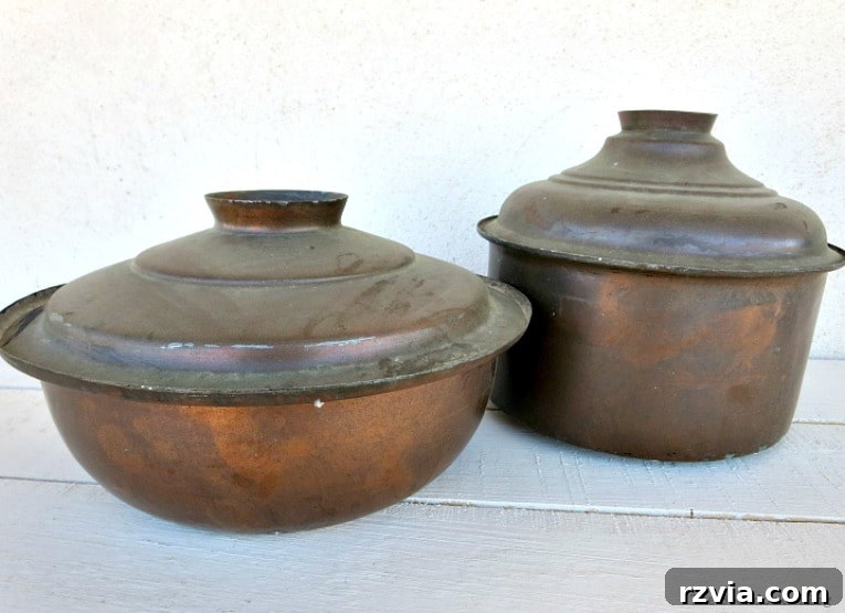 Copper Pot Upcycling Nightmares 4 Two vintage copper pots, before cleaning, showcasing their classic charm