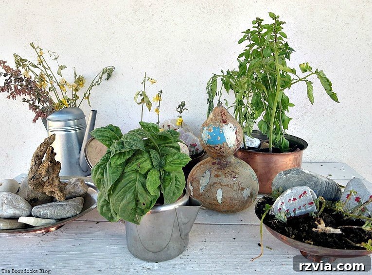 Copper Pot Upcycling Nightmares 8 Initial vignette attempt with copper pots, rocks, plants, and succulents, perceived as a failure