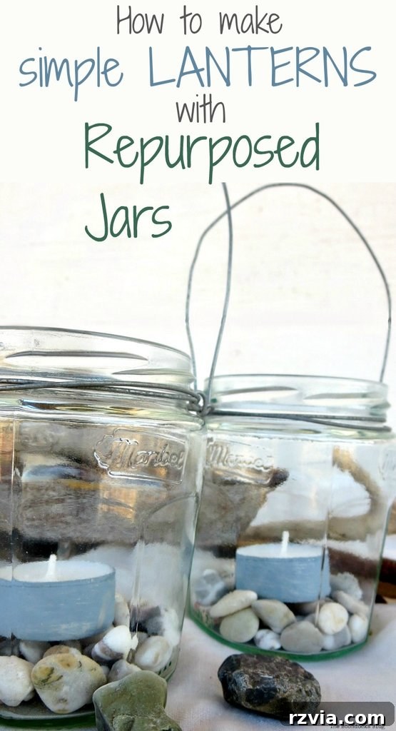 Transform Jars into Glowing Lanterns 20 Promotional image for making tealight lanterns with repurposed jars and wire, emphasizing easy craft, repurposed jars, tealight lanterns, fast craft, DIY lantern lights, and wire projects.