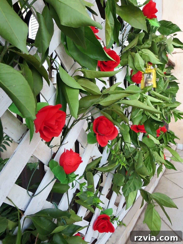 Budget Blooms: Brighten Your Fence 15 Lush greenery intermingled with vibrant faux red roses on the lattice flower wall, creating a captivating display.