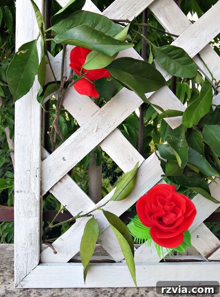 Budget Blooms: Brighten Your Fence 18 A close-up detail of vibrant faux red roses peeking through lush green leaves on the lattice flower wall.