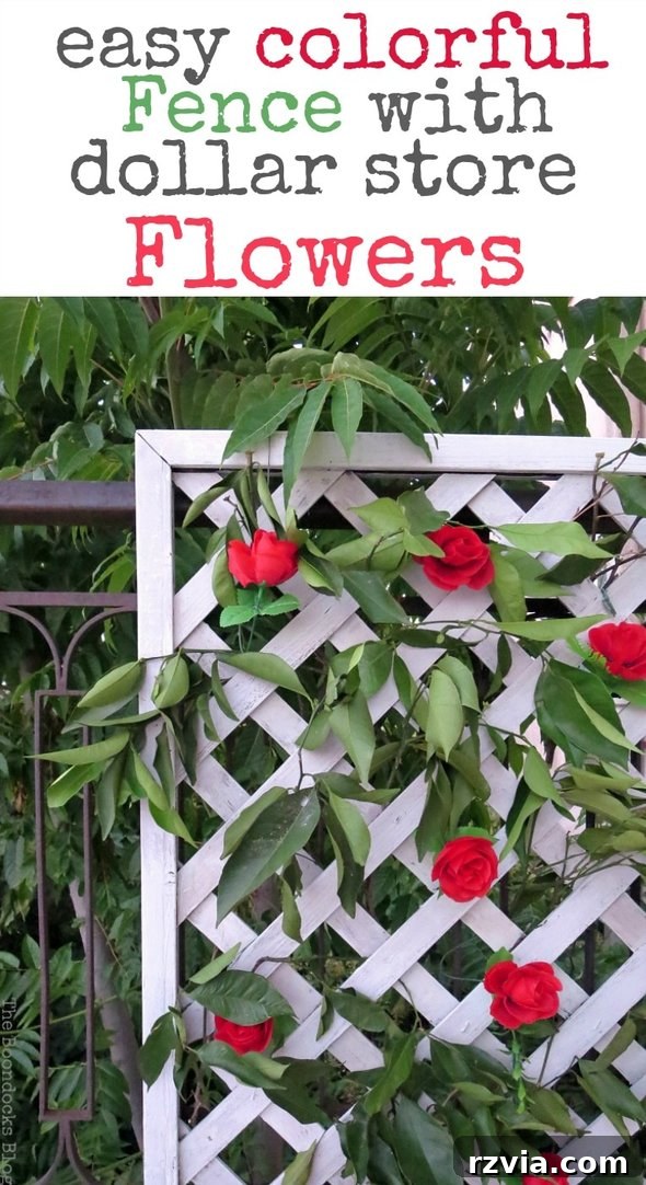 Budget Blooms: Brighten Your Fence 20 Promotional image: Corner view of lattice flower wall with red roses and greenery, encouraging sharing on social media.
