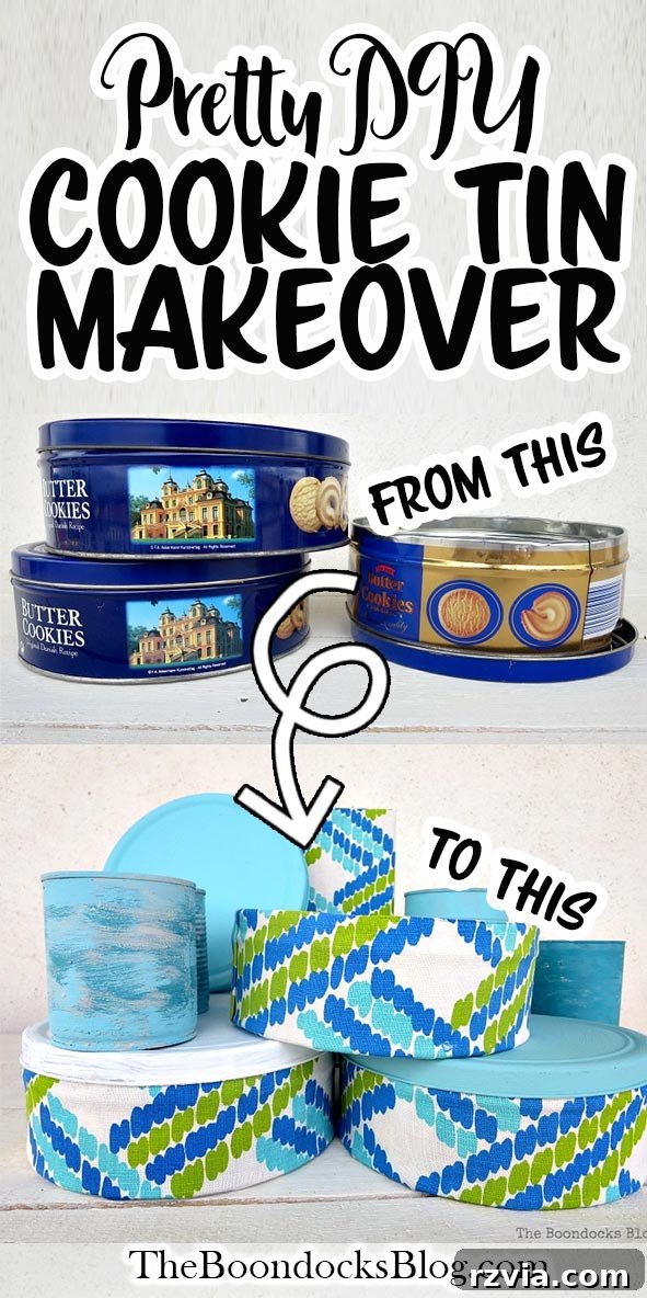 Fabric Makeovers for Cookie Tins 2 Discover how to upcycle old cookie tins into stylish storage using fabric and Mod Podge. A perfect DIY craft for sustainable home decor. #upcycled #upcycling #cookietincraft