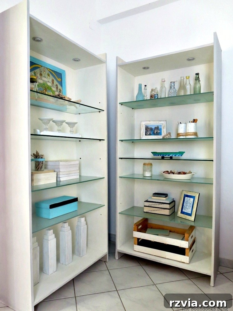 Upcycled Bookcases: Crafting Success, Avoiding Pitfalls 11 Full view of the elegantly styled upcycled bookcase positioned next to its companion piece, forming a cohesive unit.