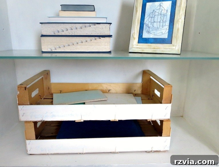 Upcycled Bookcases: Crafting Success, Avoiding Pitfalls 14 Decorative crates and a selection of books neatly arranged on the upcycled bookcase, adding texture and function.