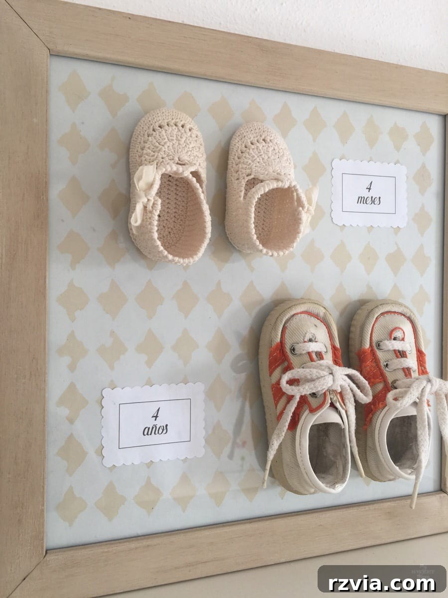 Creative DIY Presents Mom Will Adore 13 Personalized wall art featuring baby shoes, a deeply sentimental DIY gift for Mom that captures cherished childhood memories.