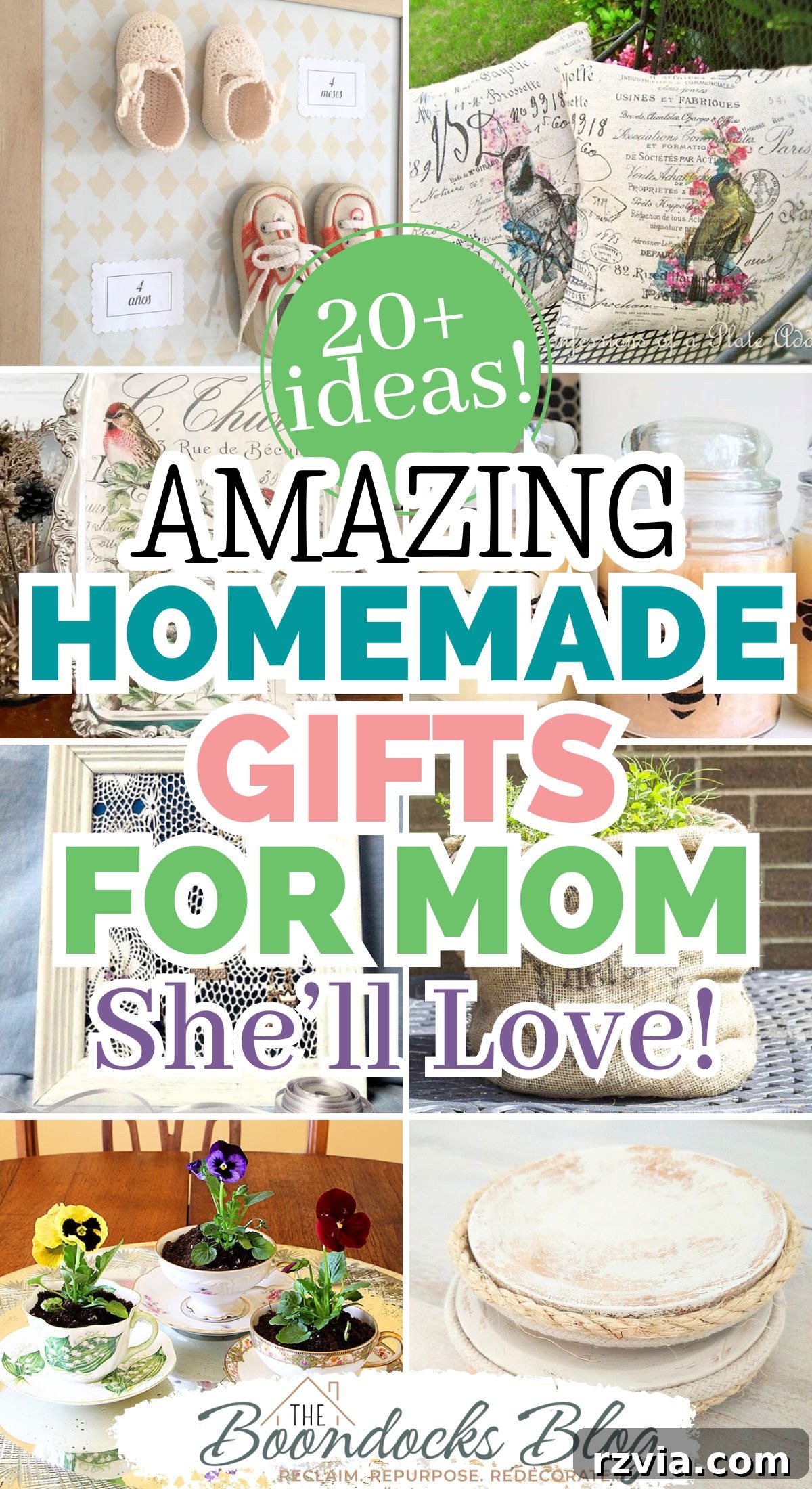 Creative DIY Presents Mom Will Adore 16 Beautiful collage featuring a variety of homemade gifts for Mom, including sentimental decor, DIY spa items, and charming crafts, perfect for Mother's Day or birthdays.