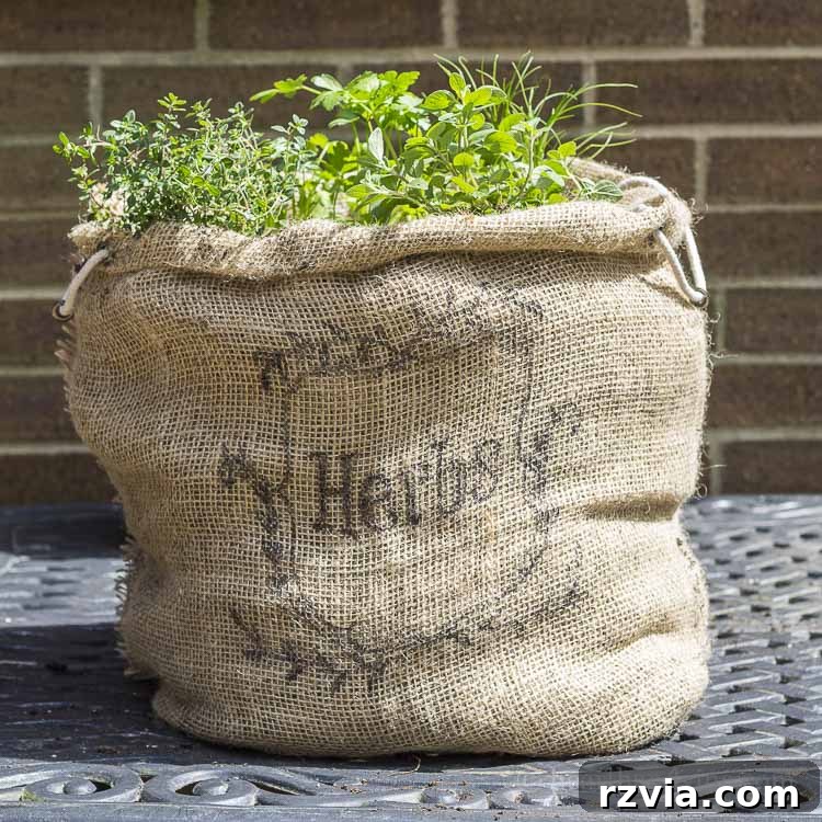 Creative DIY Presents Mom Will Adore 8 DIY herb garden in a burlap sack, a practical and beautiful gift for garden-loving mothers.