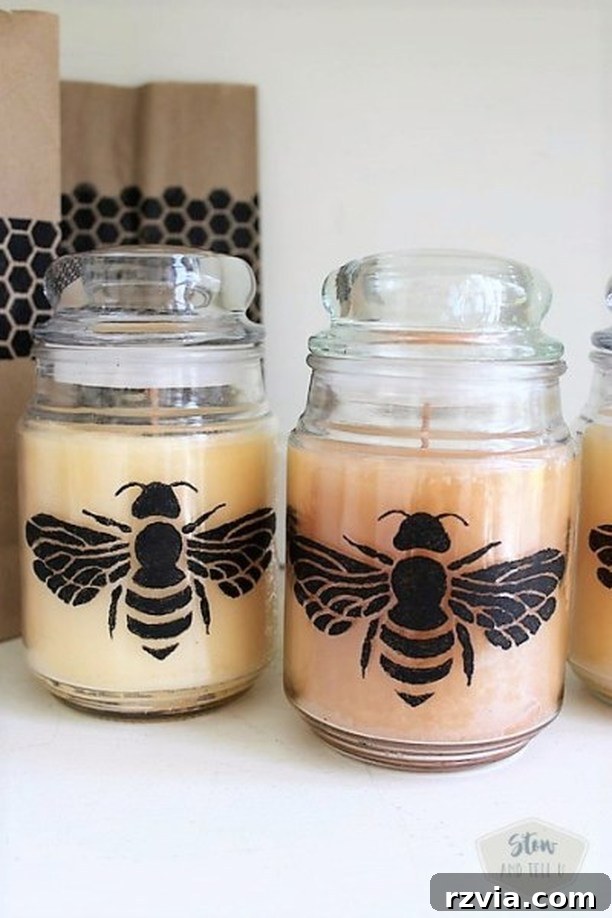 Creative DIY Presents Mom Will Adore 10 DIY stenciled bee jar candle, creating a beautiful ambiance for Mother's Day celebrations.