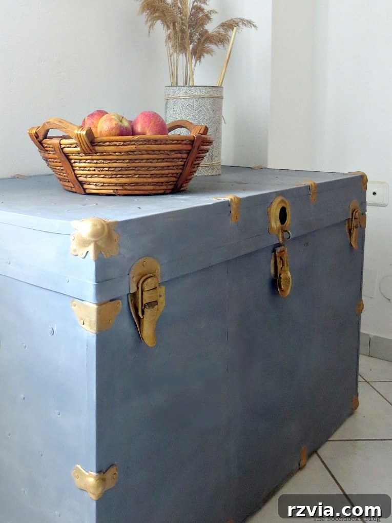 Aged to Perfection: Milk Painting a Vintage Metal Trunk 16 The revived metal trunk, a testament to the effectiveness of Old Fashioned Milk Paint in transforming vintage pieces.