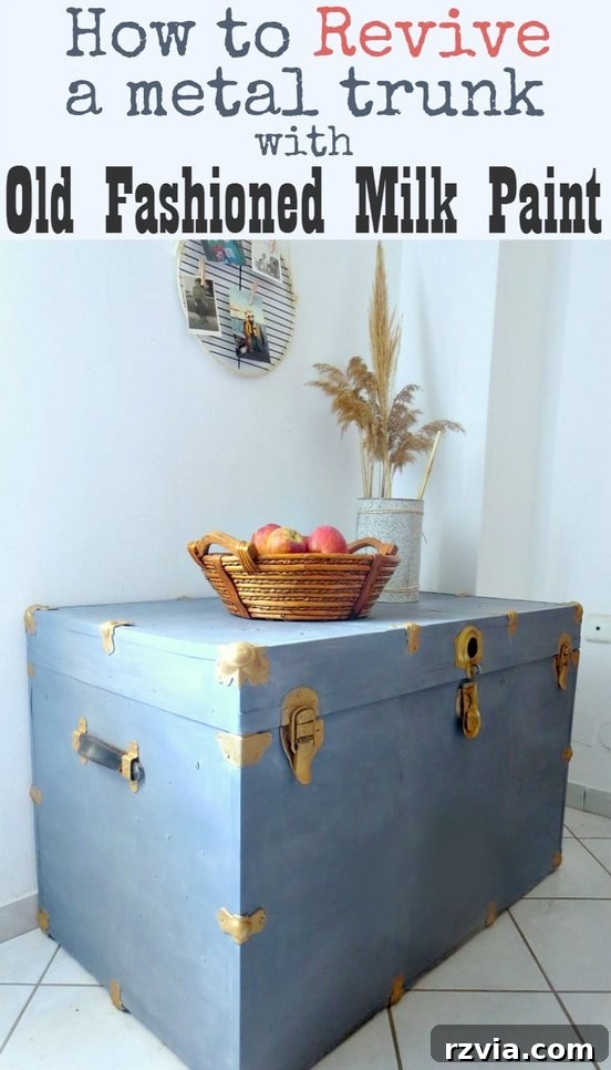 Aged to Perfection: Milk Painting a Vintage Metal Trunk 17 A beautifully styled vintage metal trunk, encouraging readers to try their own DIY revival project using Old Fashioned Milk Paint.