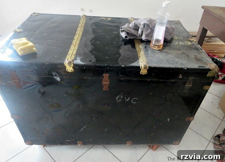 Aged to Perfection: Milk Painting a Vintage Metal Trunk 4 After cleaning a vintage metal trunk with a vinegar and water solution, showing a visibly cleaner surface ready for paint.