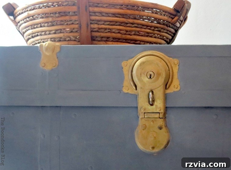 Aged to Perfection: Milk Painting a Vintage Metal Trunk 9 Detailed shot of the vintage trunk's hardware, showcasing the metallic luster of the burnished brass against the soft grey paint.