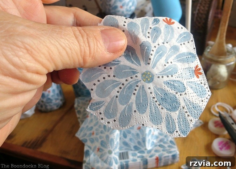 Close up of a cut flower shape from the napkin, demonstrating an alternative application technique.