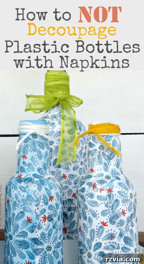Decoupaged plastic bottles with Ikea napkins and how to not do it, #Decoupage #Avoidmistakes #papernapkins #plasticbottleupcycle #repurposedplasticbottles #prettyspringcraft #modpodge #springcraft How to Not Decoupage Plastic Bottles with Napkins www.theboondocksblog.com