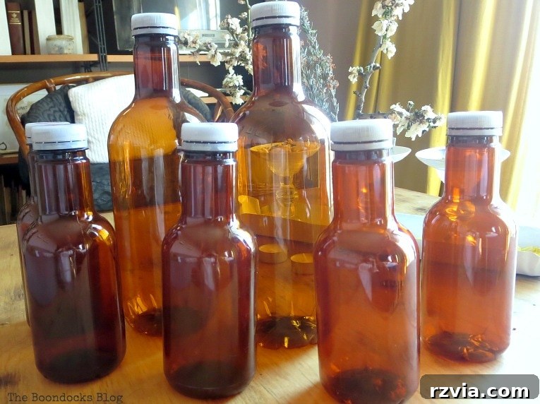 Brown plastic bottles after covering has been removed and cleaned, ready for painting.