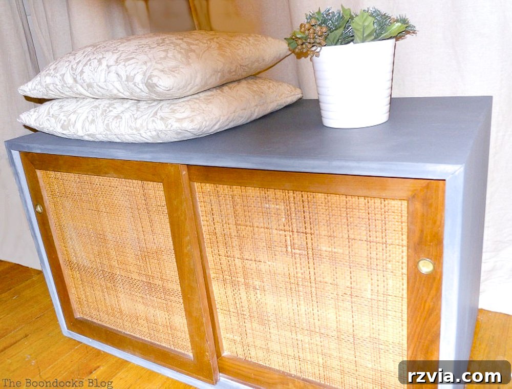 Milk Paint Revived Mid-Century Modern Sideboard 12 Front view of the Mid-Century Modern sideboard, emphasizing the successful blend of painted elements and original wood.