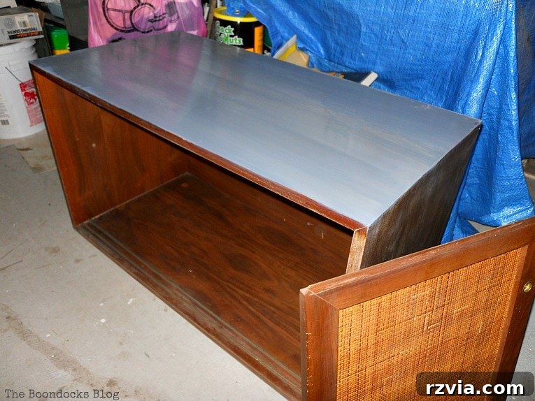 Milk Paint Revived Mid-Century Modern Sideboard 7 The top of the Mid-Century Modern Sideboard after the first coat of Old Fashioned Milk Paint, showing smooth application.