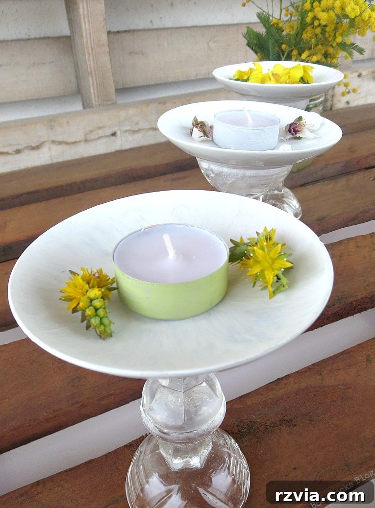 Sweet Spring Stages Repurposed Cordial Glasses 2 Tops of saucers with flowers and tealights.