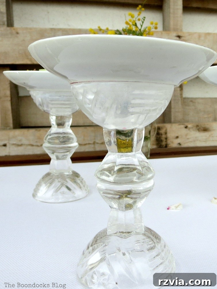 Sweet Spring Stages Repurposed Cordial Glasses 14 Close up of the cordial glasses and saucer made into a pedestal.