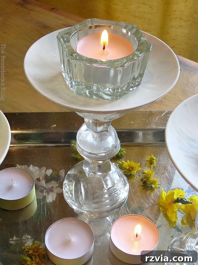 Sweet Spring Stages Repurposed Cordial Glasses 17 Lighting the tealights on and around the pedestal.