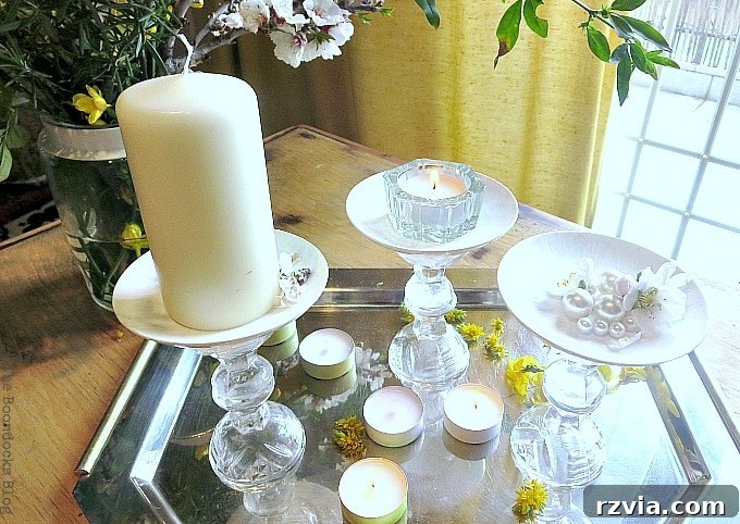 Sweet Spring Stages Repurposed Cordial Glasses 18 Silver tray with cordial glass pedestals, candles and flowers.