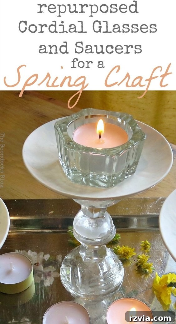 Sweet Spring Stages Repurposed Cordial Glasses 21 Repurposed Cordial Glasses and Saucers for a Spring Craft Pedestal.