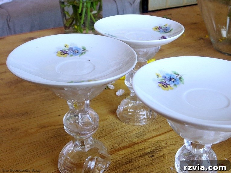 Sweet Spring Stages Repurposed Cordial Glasses 8 Gluing saucers on top of the glass pedestals.