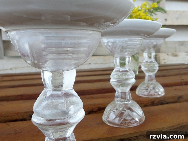 Sweet Spring Stages Repurposed Cordial Glasses 10 Angled view of the cordial glasses glued together to make a pedestal.
