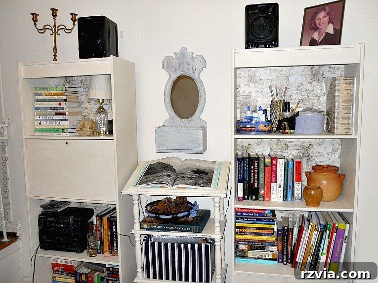 Authentic photo: Mirror and dictionary stand flanked by bookcases overflowing with books, pens, and a stereo system. theboondocksblog.com