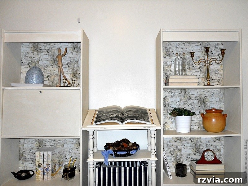 Paper and Paint Power: Bookcase Transformations 11 dictionary stand flanked by 2 painted and decorated bookcases.