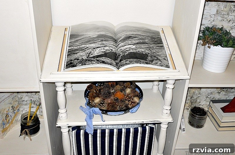Paper and Paint Power: Bookcase Transformations 18 Book on a dictionary stand and fabric covered storage underneath.
