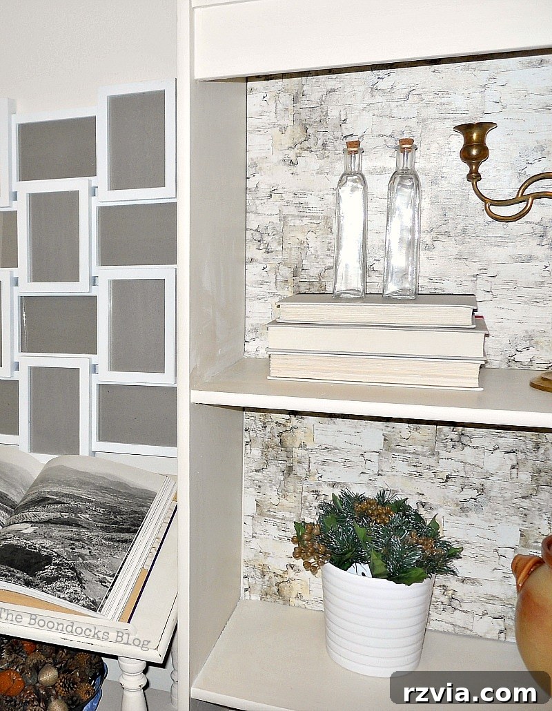 Paper and Paint Power: Bookcase Transformations 21 Close up of a bookcase with birch wrapping paper background and shelves decorated with books, glass bottles and a potted plant.