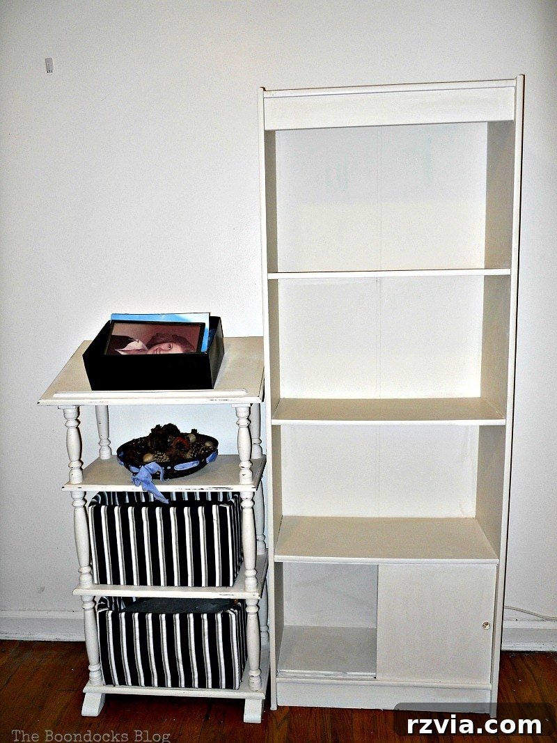 Paper and Paint Power: Bookcase Transformations 6 Placing a white painted bookcase next to a stand.