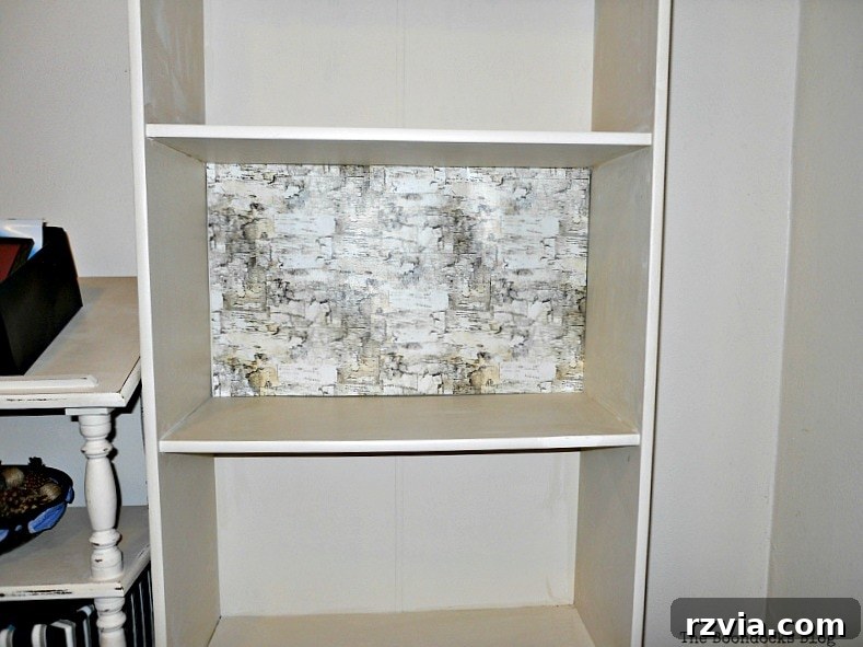 Paper and Paint Power: Bookcase Transformations 7 Adding a birch wall paper to the back of the bookcase.