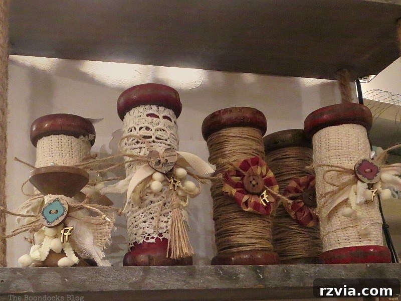 My Town's Best Kept Secrets 20 Shelf filled with spools of embellishments, crocheted borders, and twine