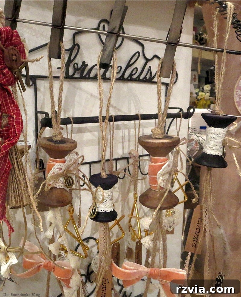 My Town's Best Kept Secrets 22 Decorative spools hanging from a wire with clothes pins
