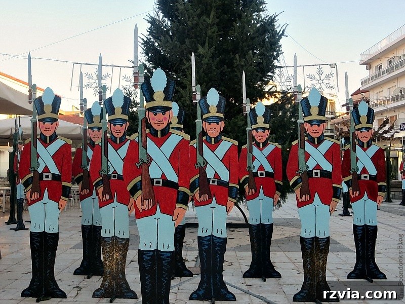 My Town's Best Kept Secrets 4 Charming wooden soldiers guarding a Christmas tree in a Greek town square