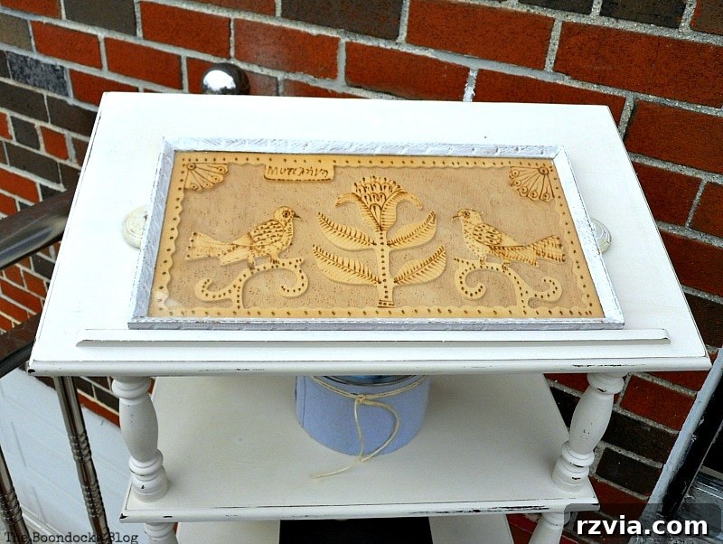 top view with wooden tray, How to Upcycle a Dictionary Stand with Chalk Paint www.theboondocksblog.com