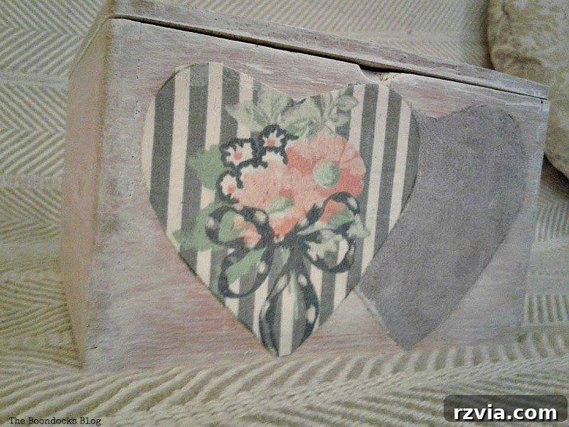 Exterior view of the Valentine's Day wooden gift box with subtle fabric heart details
