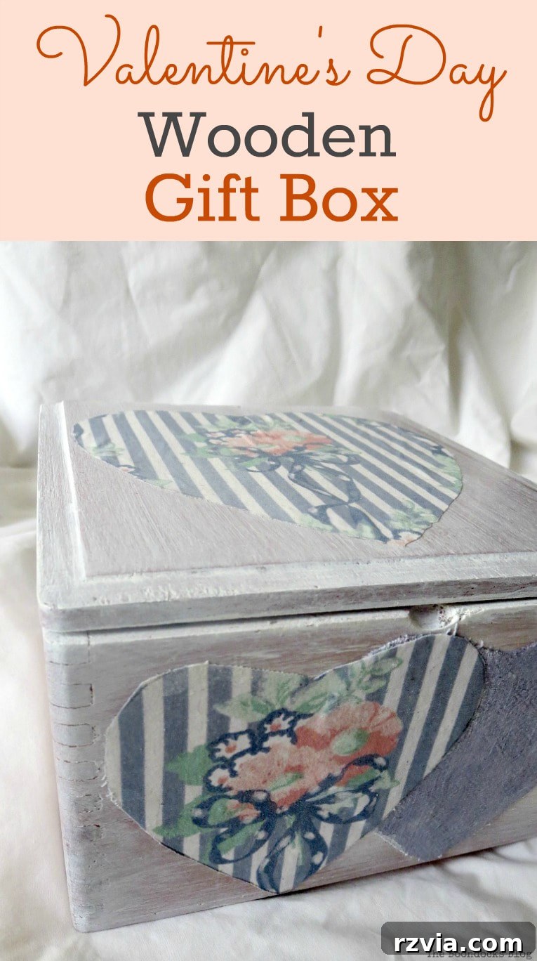 An old cigar box, whitewashed and decoupaged into a gift box, Valentine's Day Wooden Gift Box #repurpose #Upcycle #ValentinesDay #Heartshaped #Decooupage #whitewashedbox #giftbox