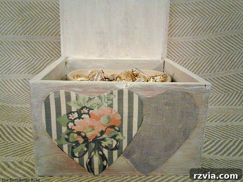 Beautifully decorated wooden gift box filled with chocolates, perfect for Valentine's Day