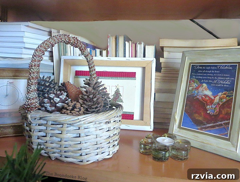 Basket with a handle wrapped in tri-colored beaded garland, part of the repurposed decor