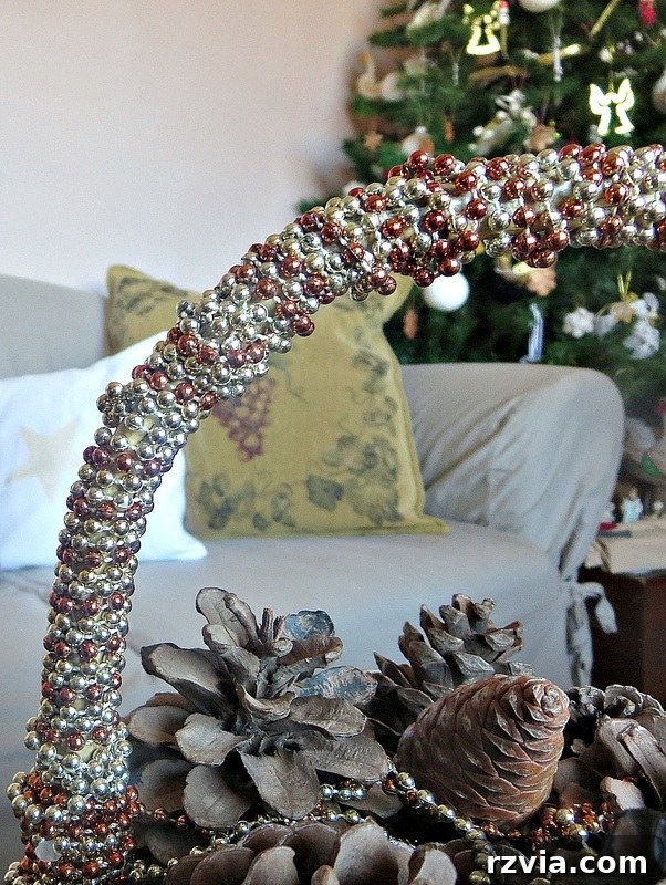Detail of the beaded handle on the basket, showcasing simple festive embellishment