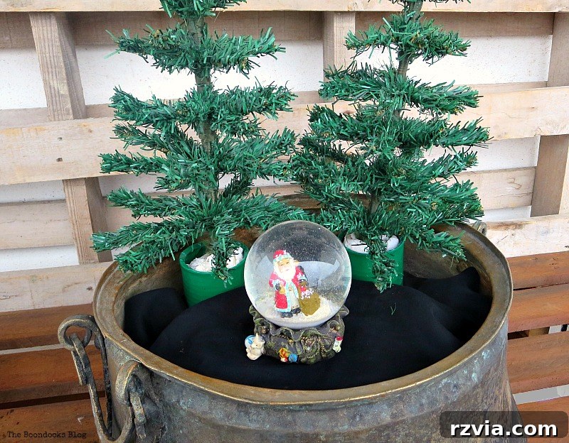 Adding trees and a snow globe, A repurposed Antique Cauldron for Christmas theboondocksblog