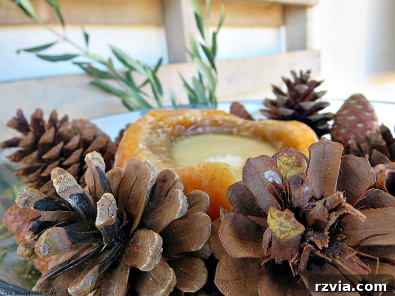 Autumn's Bounty for Your Table 16 Detailed close-up of pinecones artfully arranged around a flickering candle, creating a warm and rustic focal point.