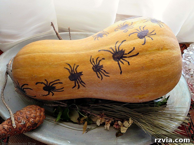 A unique gourd centerpiece adorned with painted spiders, a creepy highlight of the Halloween party decor, www.theboondocksblog.com