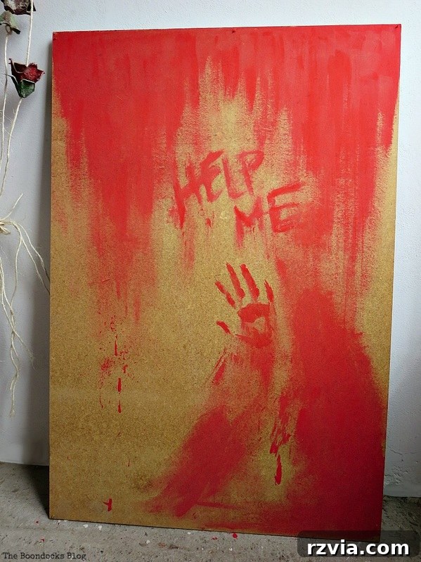 A dramatic red welcome sign, designed to greet guests with a spooky flair at the Halloween party, www.theboondocksblog.com
