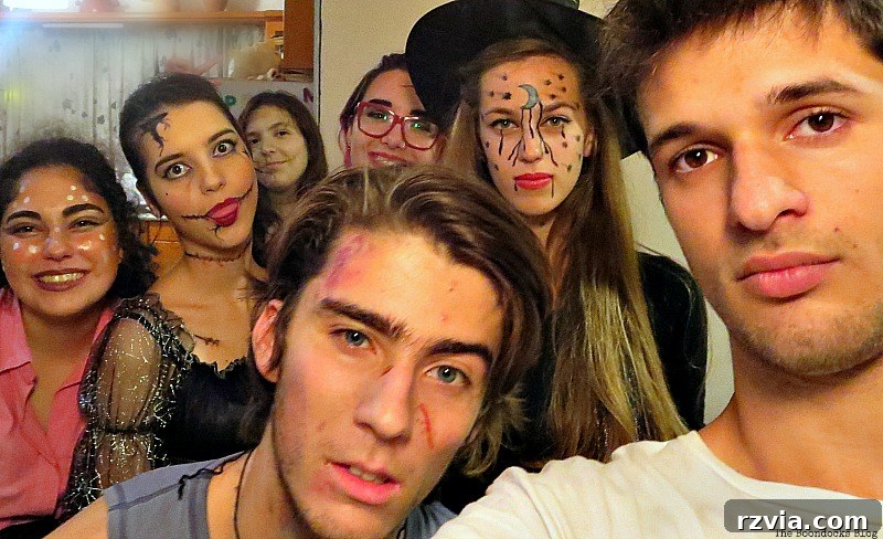 The whole gang of party guests, spooky and fun, enjoying the Halloween festivities together, www.theboondocksblog.com